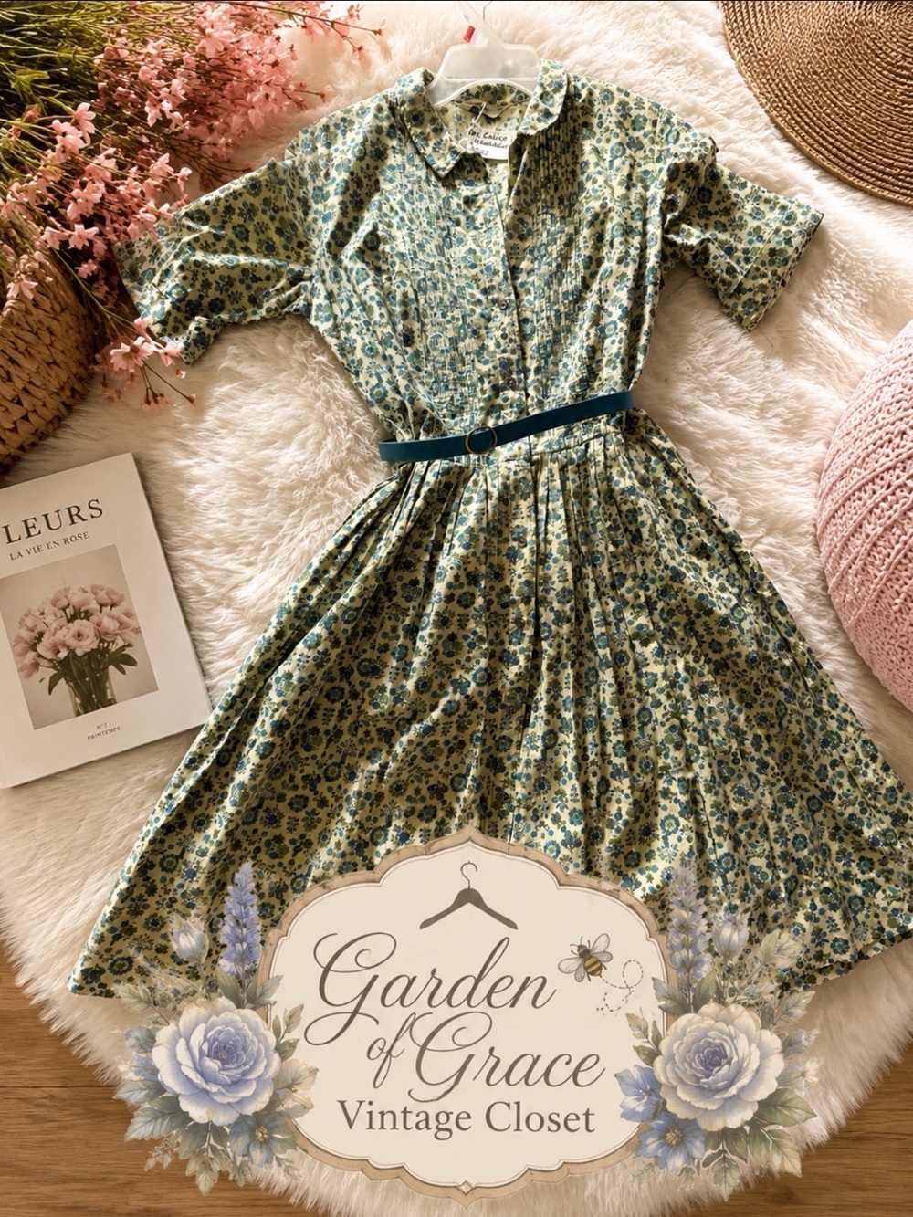 Vintage-Inspired Green Floral Shirt Dress